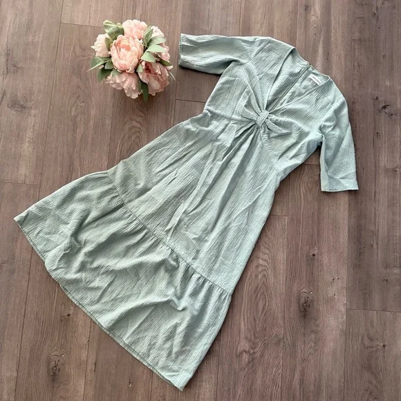 Calvin Klein Sage Green Gauze V Neck Knot Midi Dress